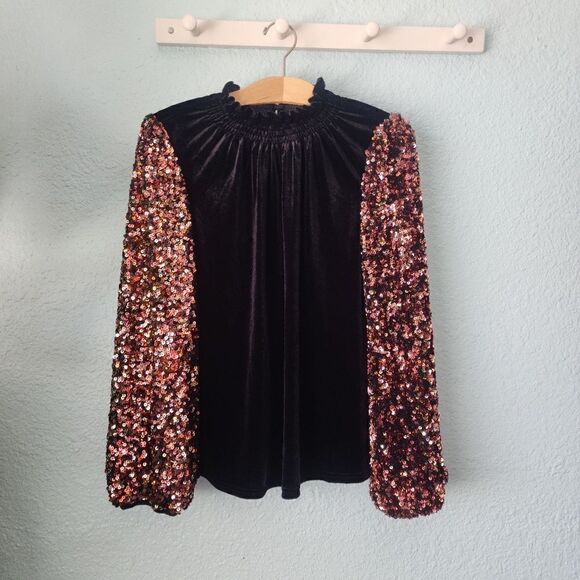 Sugarlips NWOT Michelle velvet and sequined pop sleeves mock neck top blouse - Picture 5 of 16
